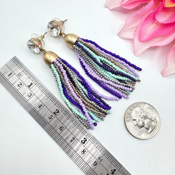 J.Crew Crystal Beaded Tassel Earrings Blue Teal Gray Lavender Flirty Fun Signed - Picture 6 of 8